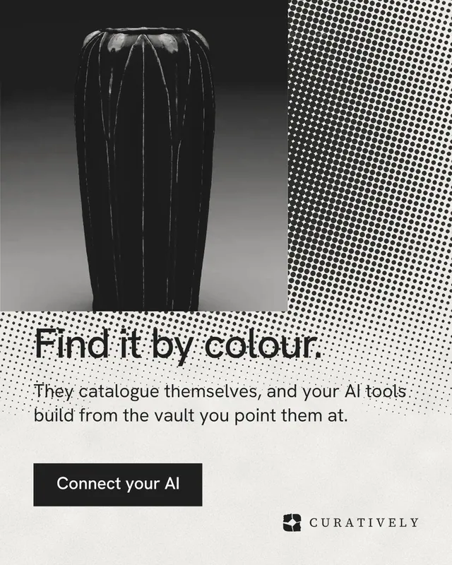 Instagram portrait post for Curatively: "Find it by colour." Swiss style, skeleton layout, light palette in black, grey, white.