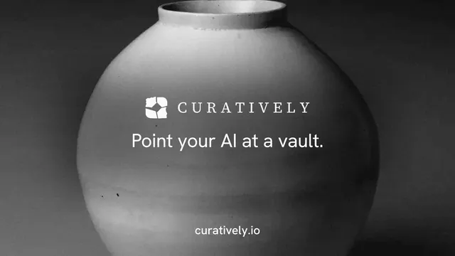 Landscape graphic for Curatively: "Point your AI at a vault." Photo poster style, end card layout, dark palette in black, grey.