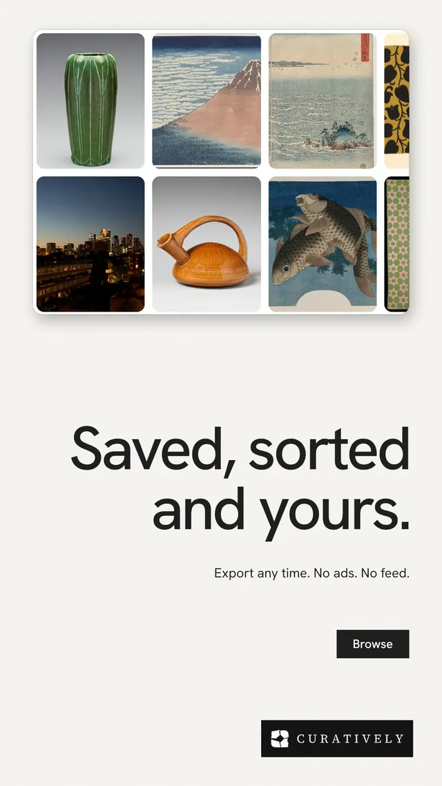Instagram story for Curatively: "Saved, sorted and yours." Swiss style, right layout, light palette in white, grey.