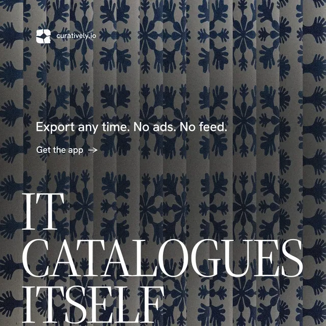 Instagram post for Curatively: "It catalogues itself." Minimal luxury style, oversized layout, dark palette in black, grey, blue.