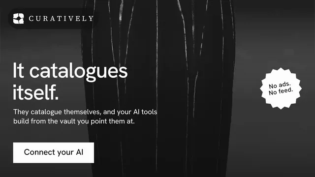 Landscape graphic for Curatively: "It catalogues itself." Swiss style, sticker layout, dark palette in black, grey.