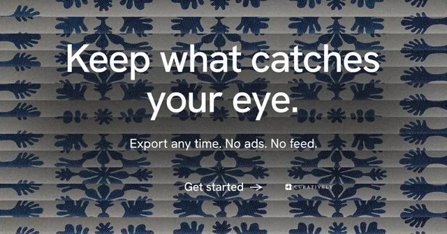 Social ad for Curatively: "Keep what catches your eye." Minimal luxury style, centred layout, dark palette in grey, blue.