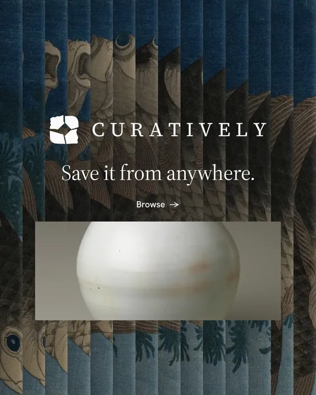 Instagram portrait post for Curatively: "Save it from anywhere." Minimal luxury style, logo hero layout, dark palette in grey, blue, black.