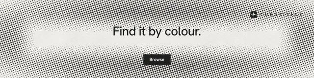 LinkedIn banner for Curatively: "Find it by colour." Swiss style, centred layout, light palette in white, grey.