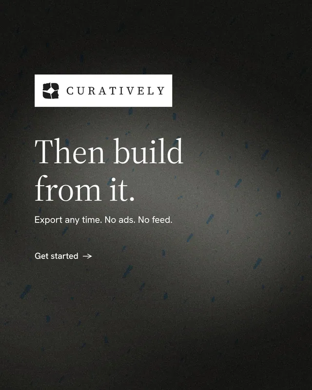 Instagram portrait post for Curatively: "Then build from it." Minimal luxury style, announce layout, dark palette in black, grey.