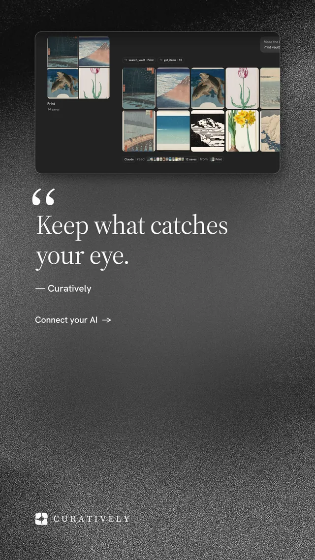 Instagram story for Curatively: "Keep what catches your eye." Minimal luxury style, quote layout, dark palette in grey, black.