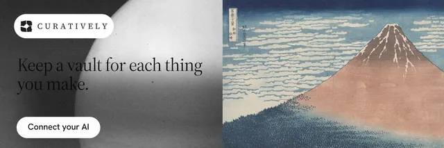 X header for Curatively: "Keep a vault for each thing you make." Photo poster style, bottom layout, light palette in grey, white.