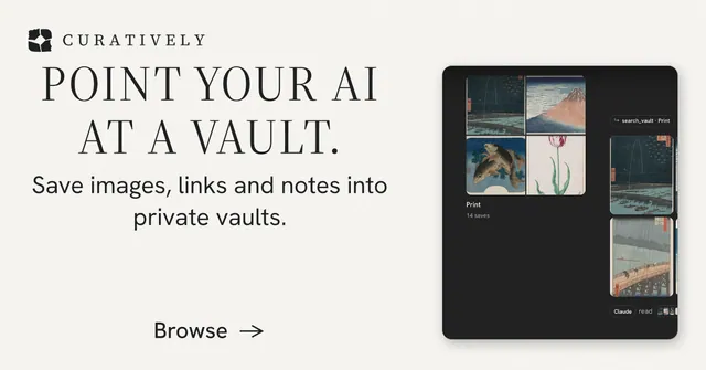 Social ad for Curatively: "Point your AI at a vault." Minimal luxury style, skeleton layout, light palette in white, black, grey.