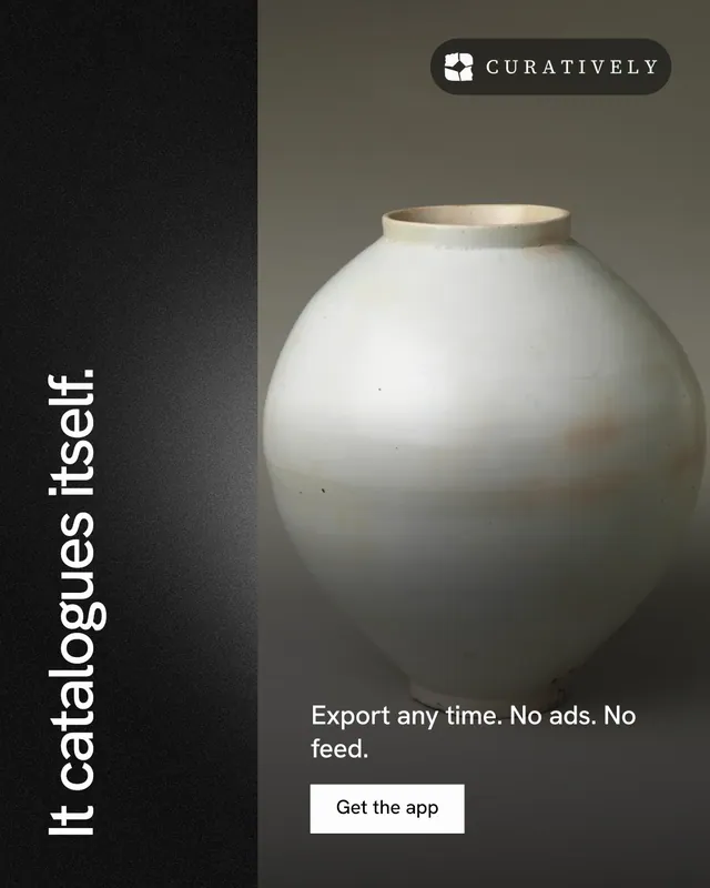 Instagram portrait post for Curatively: "It catalogues itself." Swiss style, vertical layout, dark palette in grey, black.