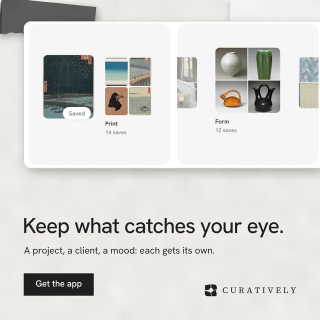 Instagram post for Curatively: "Keep what catches your eye." Swiss style, bottom layout, light palette in white, grey.