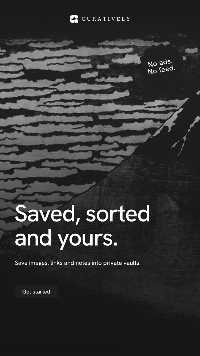 Instagram story for Curatively: "Saved, sorted and yours." Swiss style, sticker layout, dark palette in black, grey.