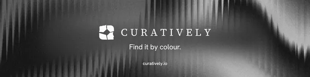 LinkedIn banner for Curatively: "Find it by colour." Minimal luxury style, end card layout, dark palette in grey, black.