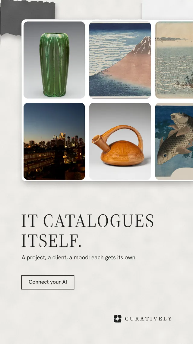 Instagram story for Curatively: "It catalogues itself." Editorial style, bottom layout, light palette in white, grey.