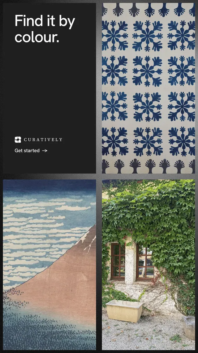 Instagram story for Curatively: "Find it by colour." Minimal luxury style, collage layout, dark palette in grey, black.