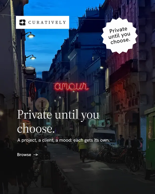 Instagram portrait post for Curatively: "Private until you choose." Minimal luxury style, sticker layout, dark palette in black, blue.