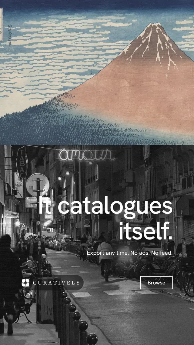 Instagram story for Curatively: "It catalogues itself." Editorial style, right layout, dark palette in grey, black.