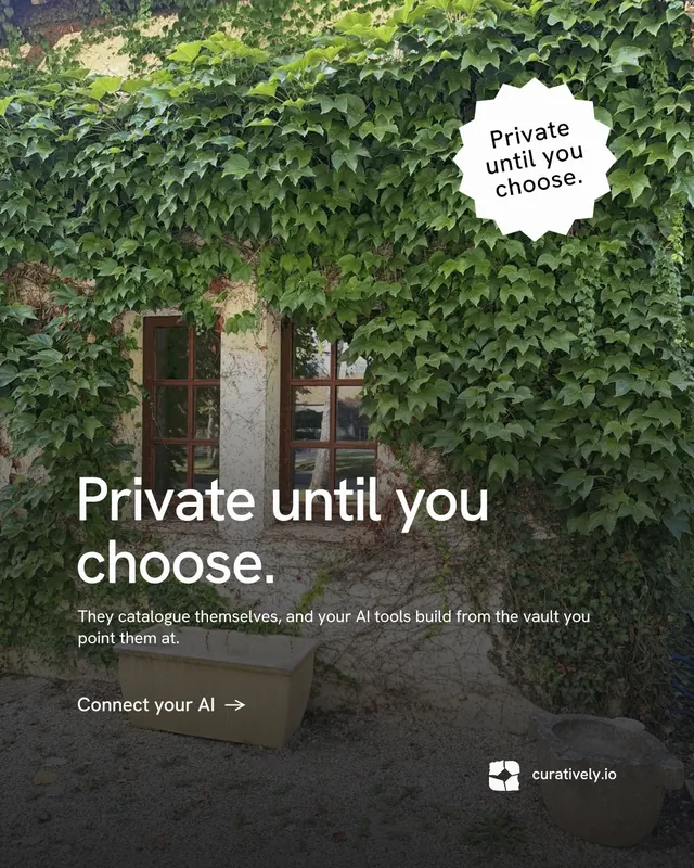 Instagram portrait post for Curatively: "Private until you choose." Minimal luxury style, sticker layout, dark palette in black, grey.