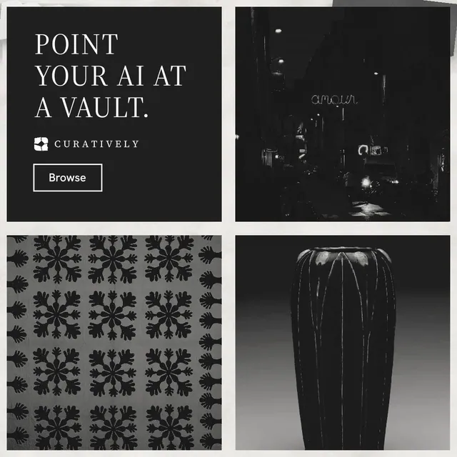 Instagram post for Curatively: "Point your AI at a vault." Editorial style, collage layout, dark palette in black, grey.