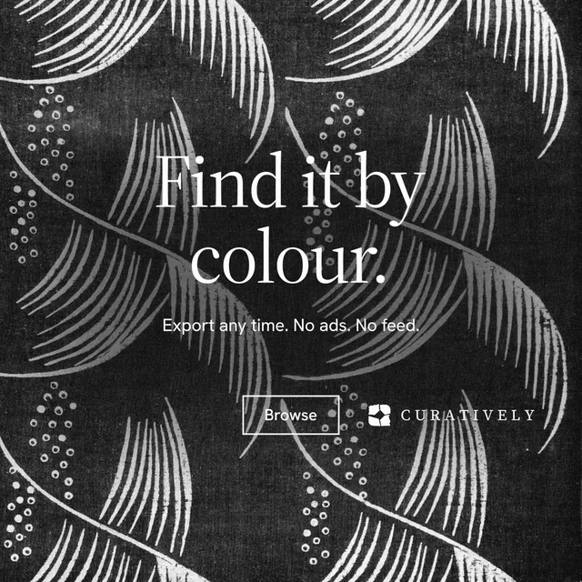 Instagram post for Curatively: "Find it by colour." Editorial style, centred layout, dark palette in black, grey.