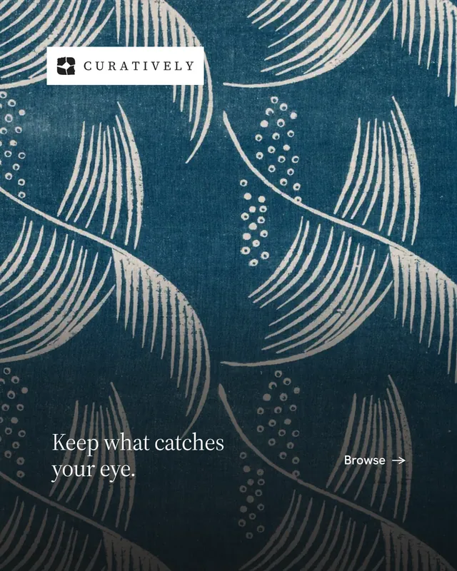 Instagram portrait post for Curatively: "Keep what catches your eye." Minimal luxury style, image led layout, dark palette in blue, grey.
