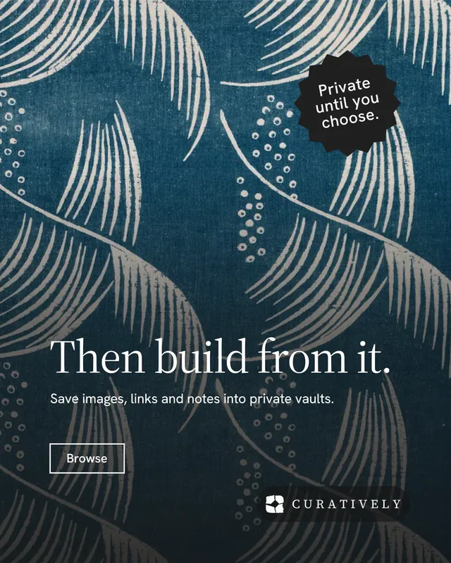 Instagram portrait post for Curatively: "Then build from it." Editorial style, sticker layout, dark palette in blue, grey.