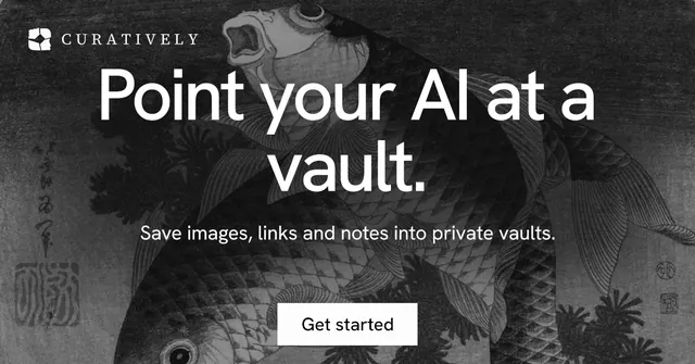 Social ad for Curatively: "Point your AI at a vault." Swiss style, centred layout, dark palette in black, grey.