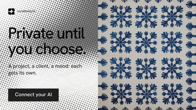Landscape graphic for Curatively: "Private until you choose." Swiss style, bottom layout, light palette in grey, blue, white.