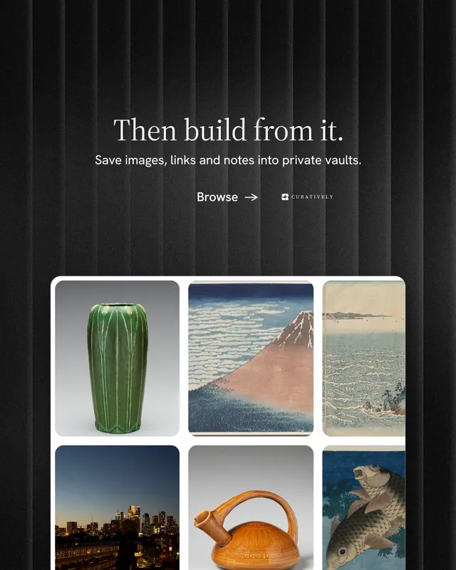 Instagram portrait post for Curatively: "Then build from it." Minimal luxury style, centred layout, dark palette in grey, black.