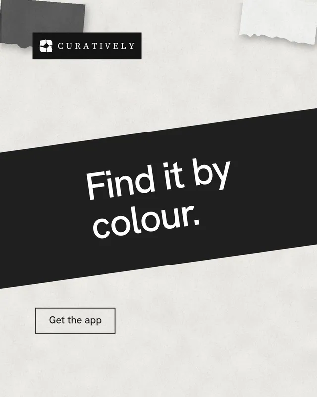 Instagram portrait post for Curatively: "Find it by colour." Editorial style, diagonal layout, light palette in white, black, grey.