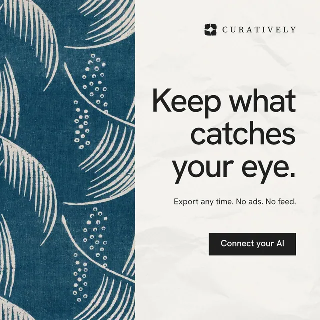 Instagram post for Curatively: "Keep what catches your eye." Swiss style, right layout, light palette in white, blue, grey.
