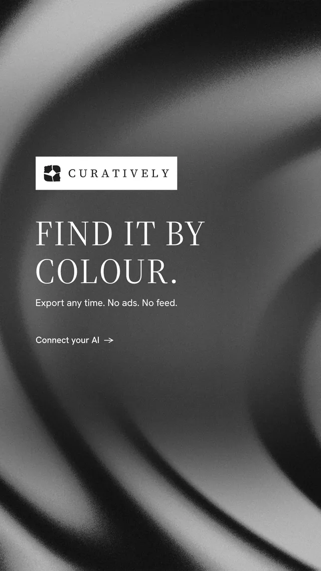 Instagram story for Curatively: "Find it by colour." Minimal luxury style, announce layout, dark palette in grey, black.