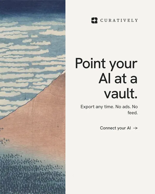 Instagram portrait post for Curatively: "Point your AI at a vault." Minimal luxury style, right layout, light palette in white, grey.