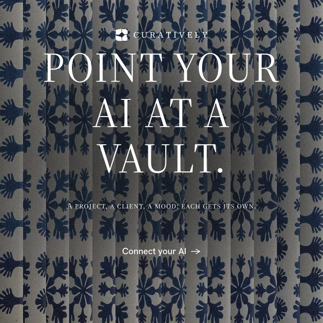 Instagram post for Curatively: "Point your AI at a vault." Minimal luxury style, smallcaps layout, dark palette in grey, blue.