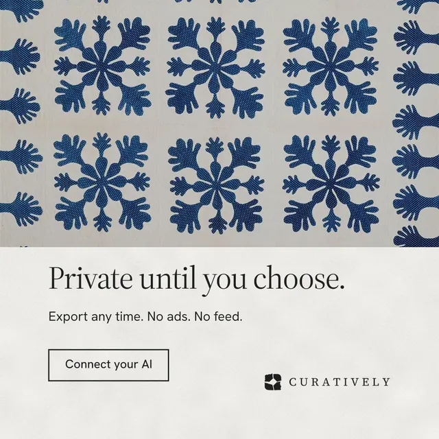 Instagram post for Curatively: "Private until you choose." Editorial style, bottom layout, light palette in grey, blue, white.