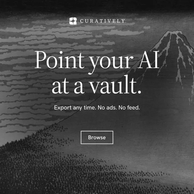 Instagram post for Curatively: "Point your AI at a vault." Editorial style, centred layout, dark palette in grey, black.