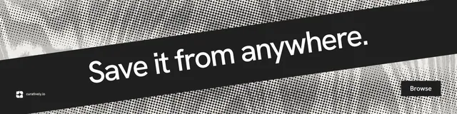 LinkedIn banner for Curatively: "Save it from anywhere." Swiss style, diagonal layout, dark palette in black, grey.