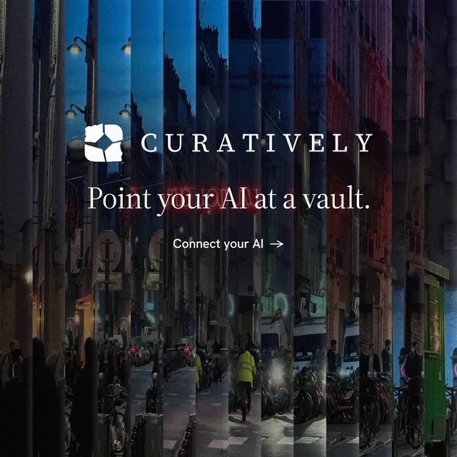 Instagram post for Curatively: "Point your AI at a vault." Minimal luxury style, logo hero layout, dark palette in black, blue.