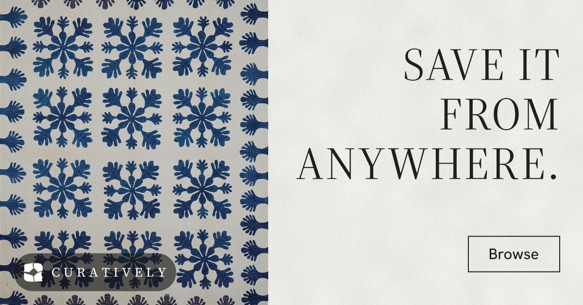 Social ad for Curatively: "Save it from anywhere." Editorial style, right layout, light palette in grey, white.