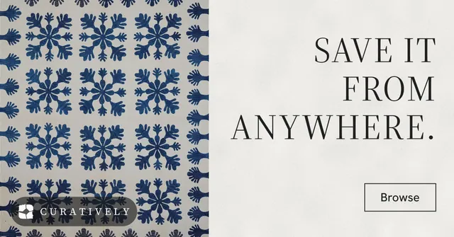 Social ad for Curatively: "Save it from anywhere." Editorial style, right layout, light palette in grey, white.