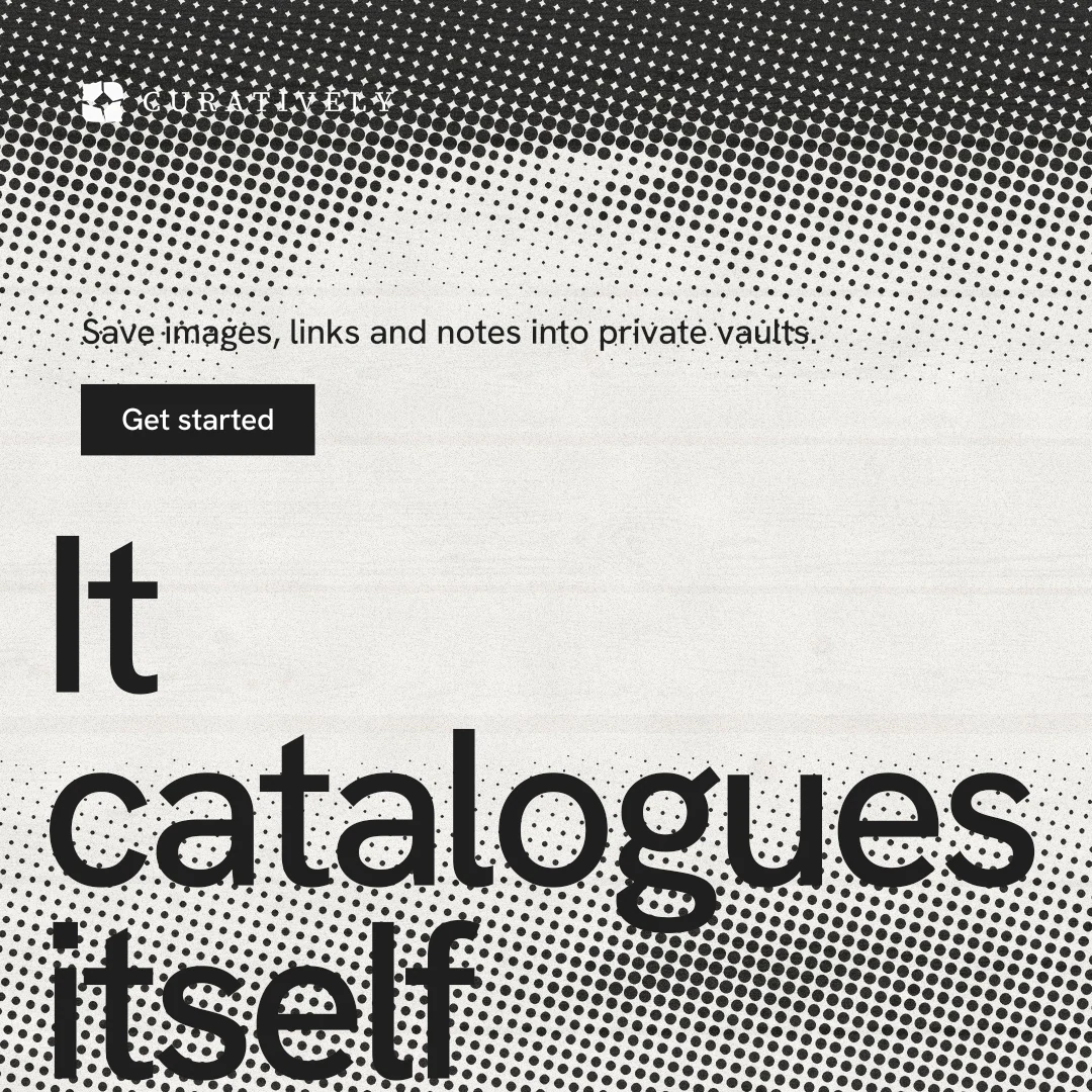 Instagram post for Curatively: "Keep a vault for each thing you make." Swiss style, oversized layout, light palette in grey, white.