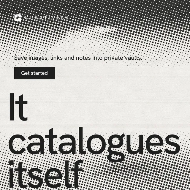 Instagram post for Curatively: "Keep a vault for each thing you make." Swiss style, oversized layout, light palette in grey, white.