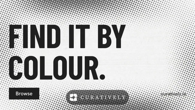 Landscape graphic for Curatively: "Find it by colour." Retro print style, poster layout, light palette in grey, white.
