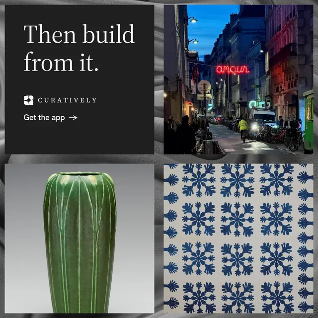 Instagram post for Curatively: "Then build from it." Minimal luxury style, collage layout, dark palette in black, grey.