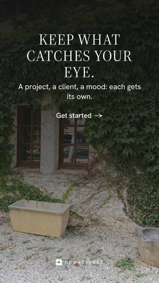Instagram story for Curatively: "Keep what catches your eye." Minimal luxury style, skeleton layout, dark palette in grey, black.