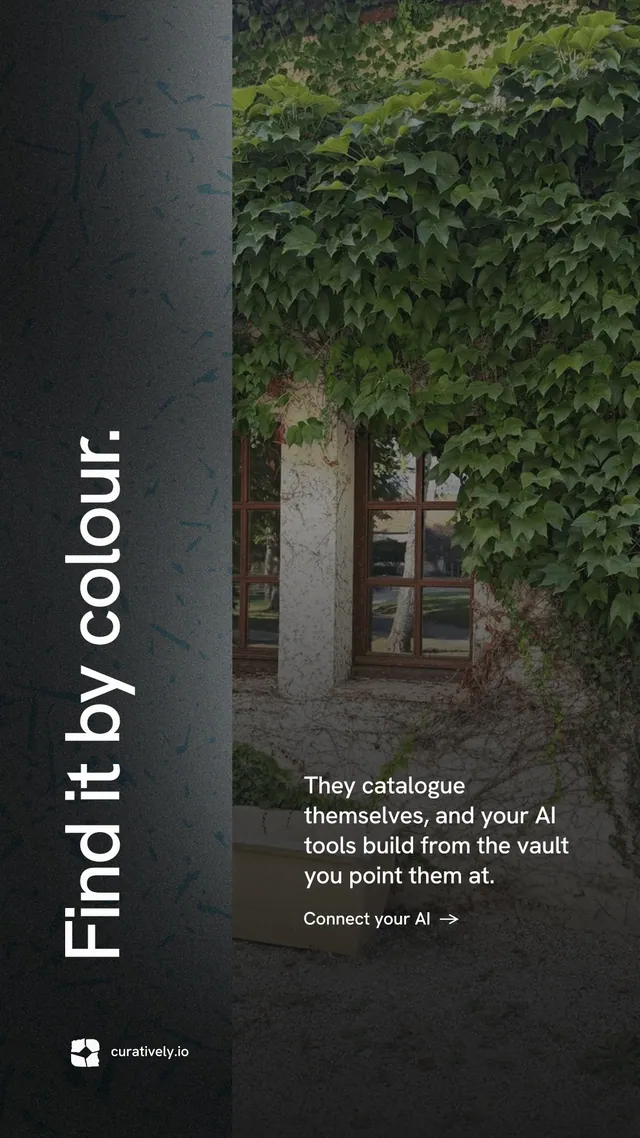 Instagram story for Curatively: "Find it by colour." Minimal luxury style, vertical layout, dark palette in black, grey.