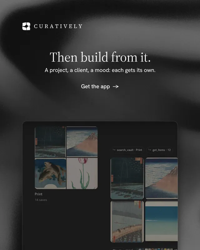 Instagram portrait post for Curatively: "Then build from it." Minimal luxury style, centred layout, dark palette in black, grey.