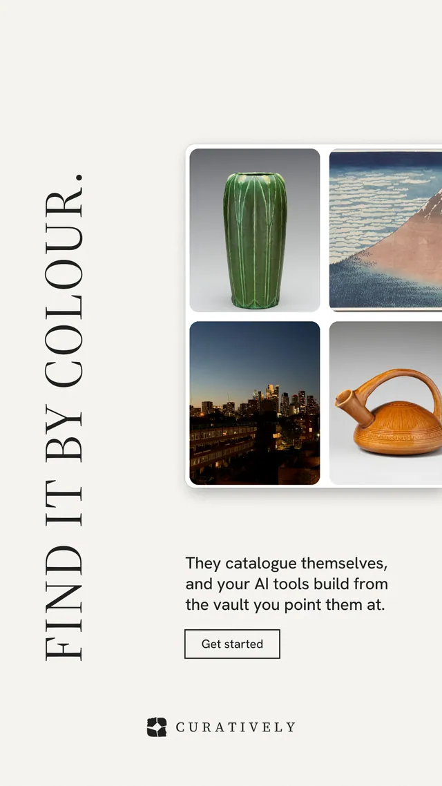 Instagram story for Curatively: "Find it by colour." Editorial style, vertical layout, light palette in white, grey.