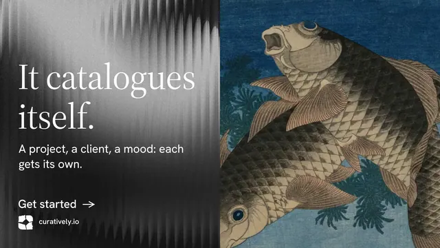 Landscape graphic for Curatively: "It catalogues itself." Minimal luxury style, bottom layout, dark palette in black, blue, grey.