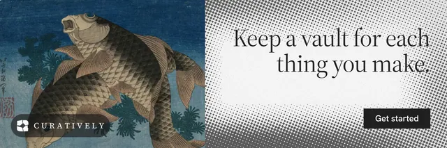 X header for Curatively: "Keep a vault for each thing you make." Split block style, right layout, light palette in blue, grey, white.