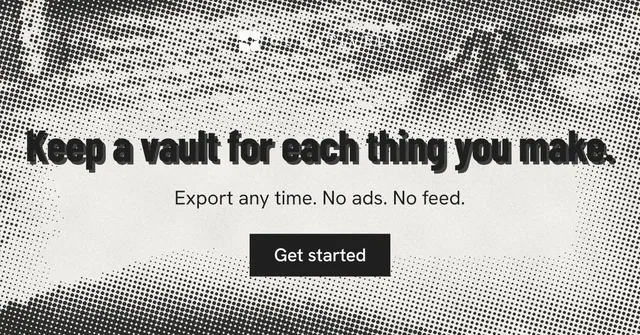 Social ad for Curatively: "Keep a vault for each thing you make." Retro print style, skeleton layout, light palette in grey, white.